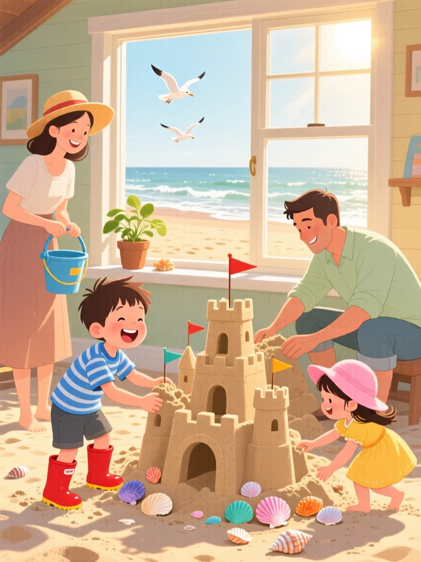 A boy in rain boots laughs while building a sandcastle at the beach together with their whole family, as golden afternoon light streams through the window.