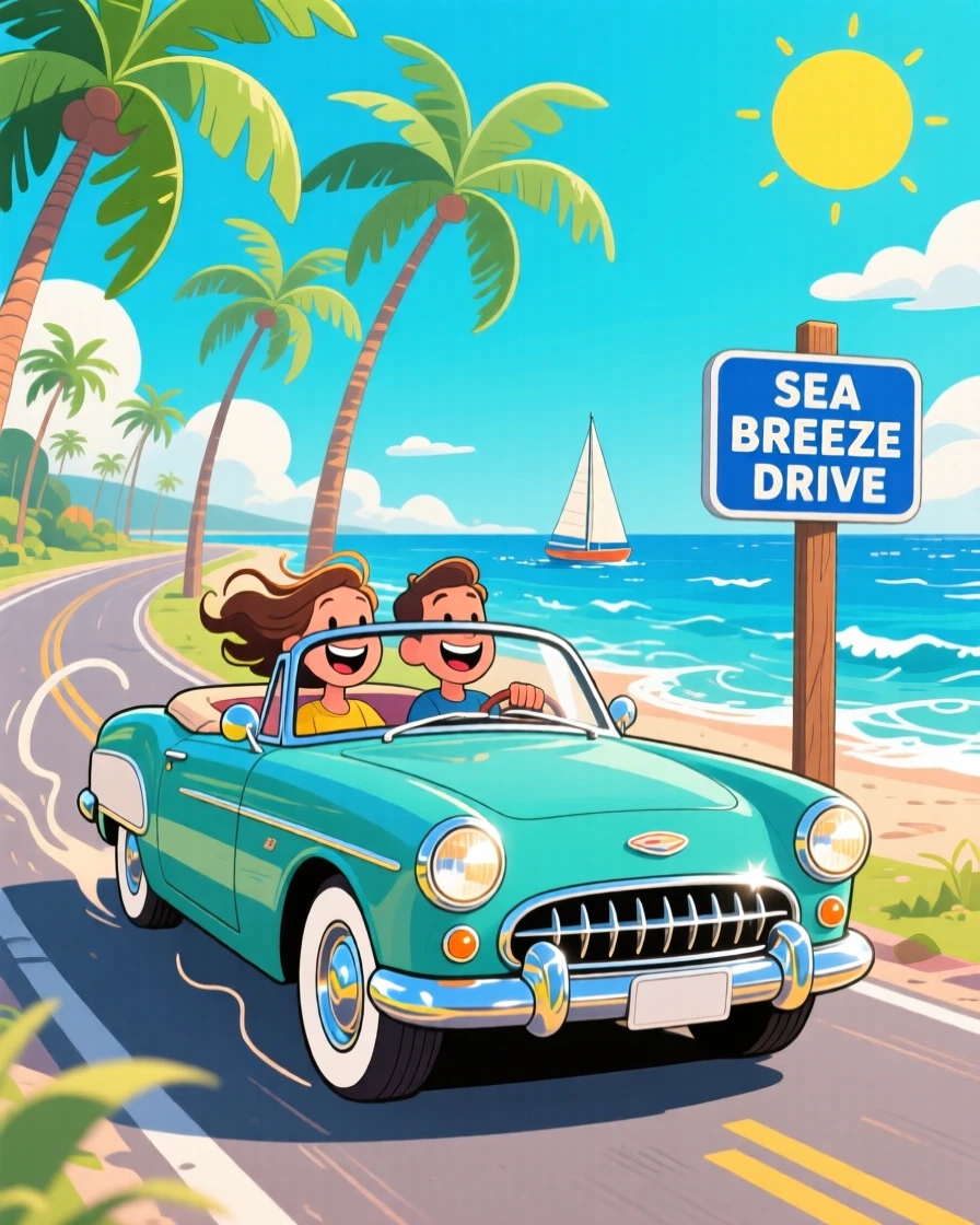A classic convertible cruising along a palm-lined coastal road.