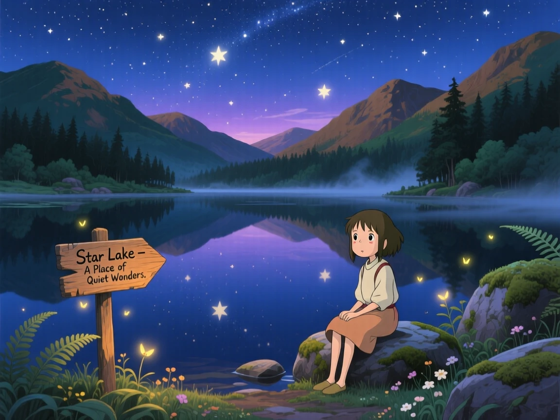 A nighttime scene of a starry sky reflected in a still mountain lake, hushed and magical.