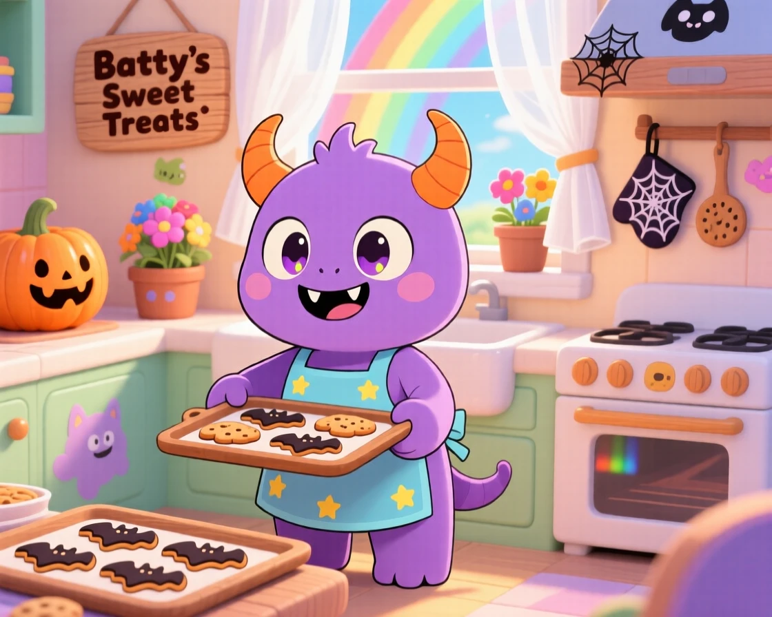 A tiny horned monster baking cookies shaped like bats, framed as a full-body shot within a cheerful monster kitchen, during a light summer breeze, glowing under bright rainbow-tinted light, evoking proud determination.