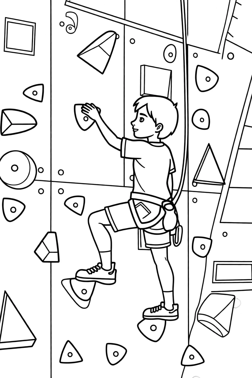 A young rock climber scaling a colorful climbing wall