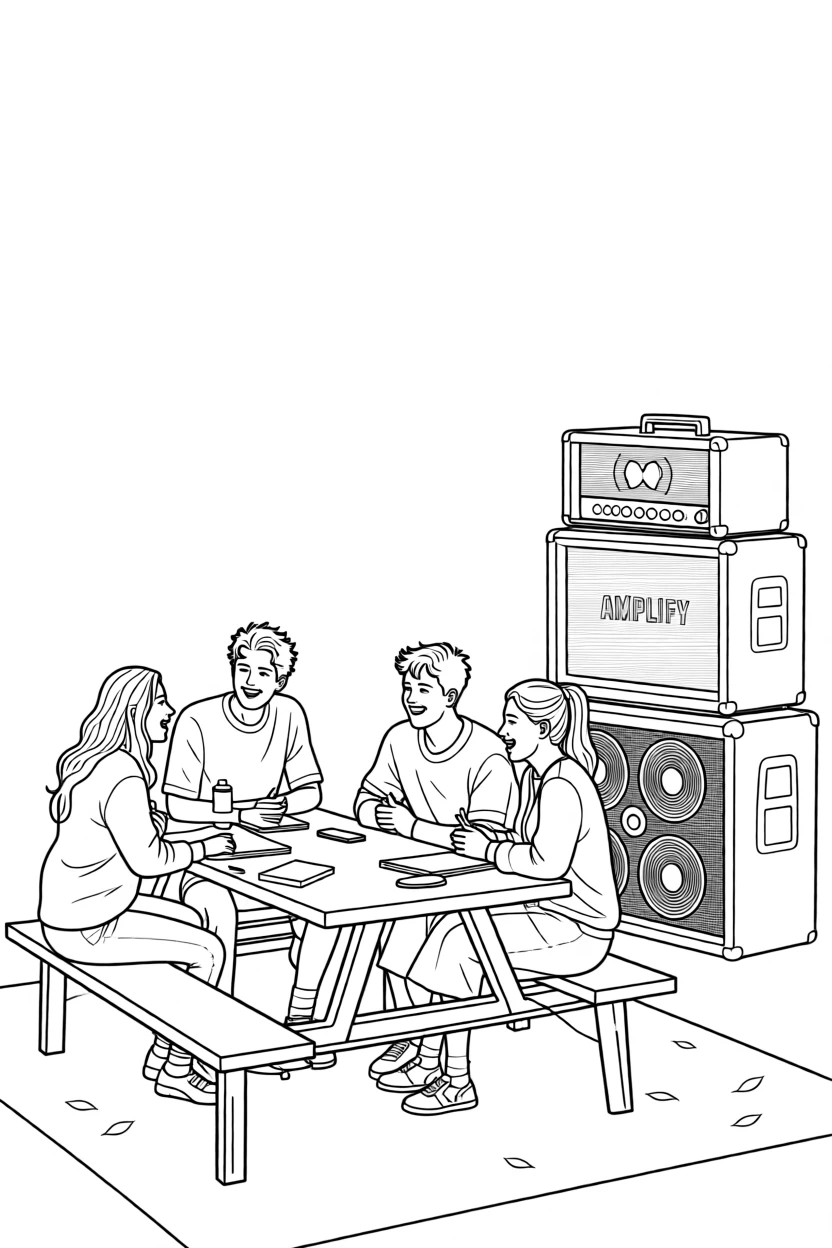 A group of friends laughing together at a lunch table, with amplifiers stacked in the background.