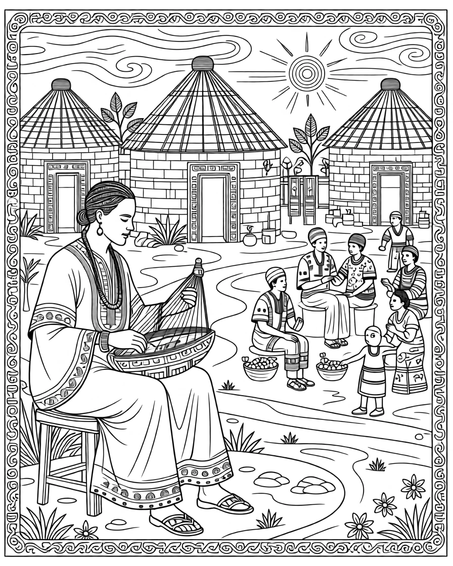 A griot playing a stringed instrument beside a village gathering.