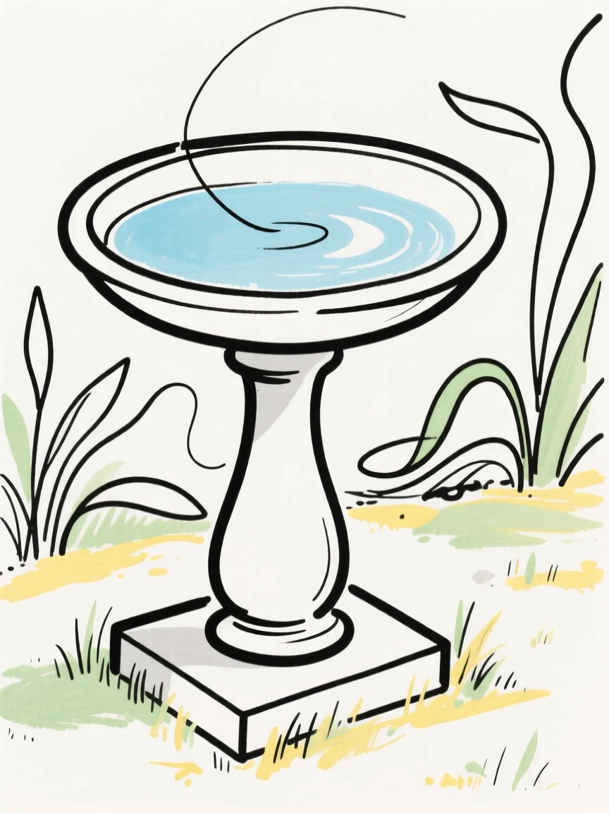 A birdbath in a quiet backyard