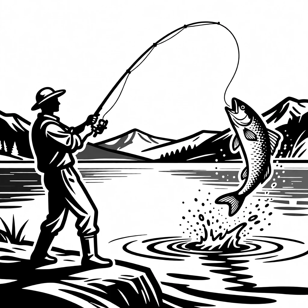 A fisherman reeling in a leaping fish on a calm mountain lake.