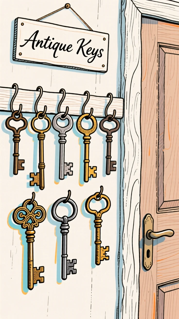 A collection of antique keys hanging on hooks beside a wooden door.