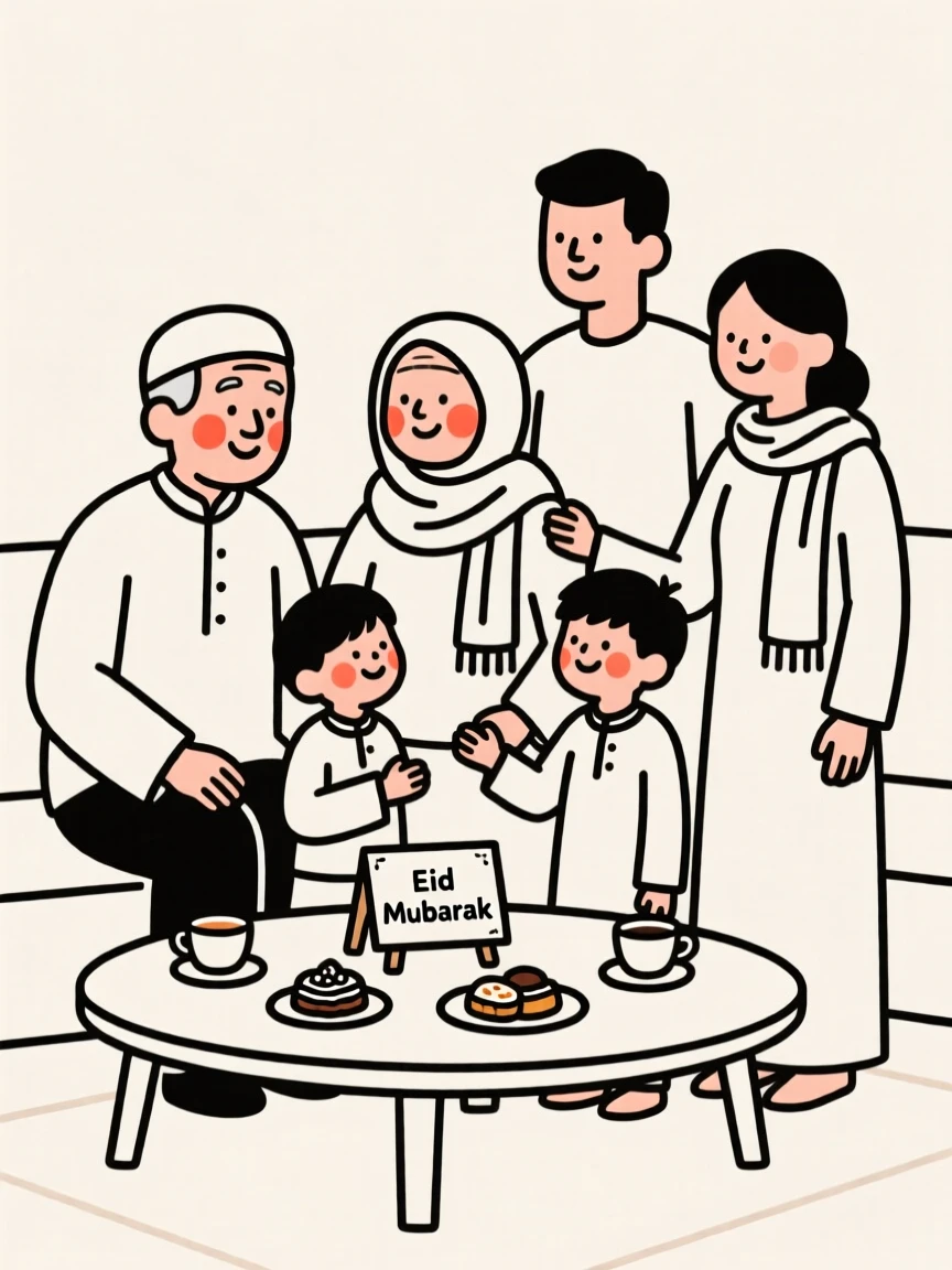 An elderly couple celebrating Eid with family.