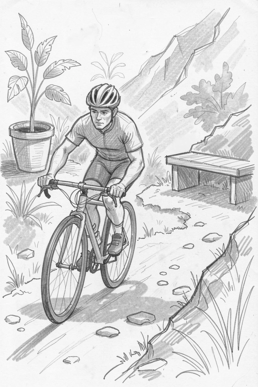 A cyclist racing down a mountain trail, in a peaceful garden studio, with total calm and concentration.