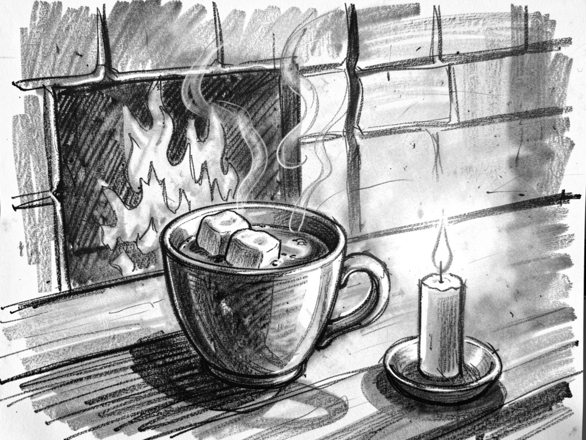 A cup of hot cocoa with marshmallows beside a fireplace, as soft candlelight flickers nearby.