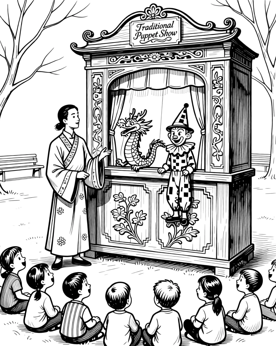 A traditional puppet show performance delighting a crowd of children.