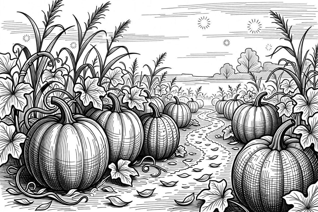 A pumpkin patch under a golden autumn sky as fireflies begin to appear at dusk, with a trail of fallen petals scattered on the ground, capturing a cheerfully celebratory seasonal moment.
