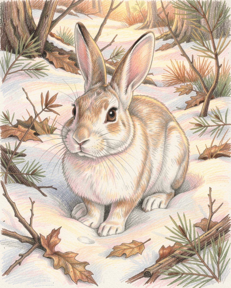 A snowshoe hare camouflaged against a snowy forest floor, bathed in the warm glow of golden-hour light, evoking warmth, beauty, and a lasting sense of wonder.