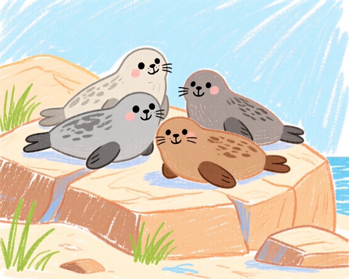 A group of seals lounging together on sun warmed rocks.