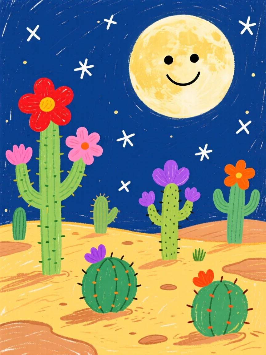 A desert dotted with blooming cacti beneath a full harvest moon.
