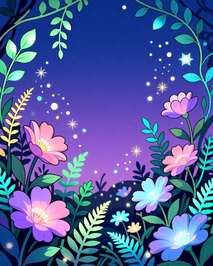 A enchanted garden where flowers glow softly in the twilight, surrounded by glowing flowers and luminescent plants, framed to capture both grandeur and delicate magical detail, with subtle magical particles drifting through the air.