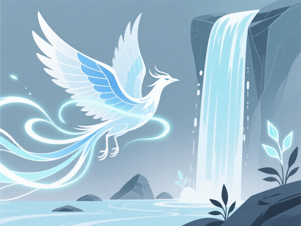 An ice phoenix weaving spells of light near an enchanted waterfall.