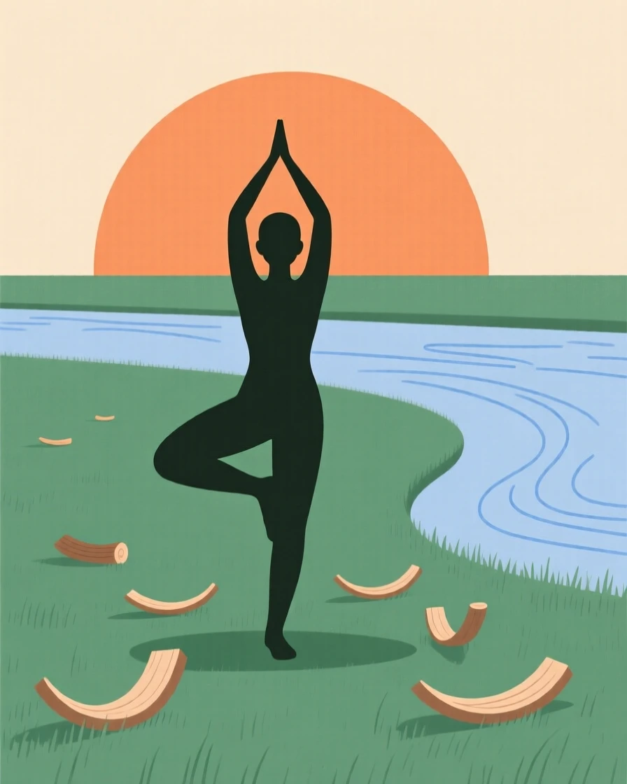 A person practicing yoga at sunrise in a riverside meadow, surrounded by wood shavings, showing peaceful absorption.