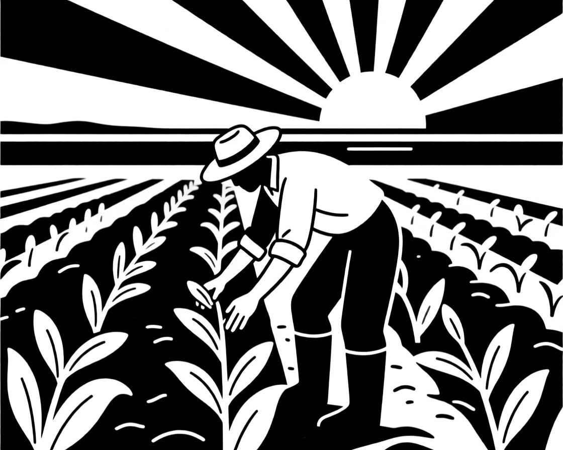 A farmer tending to crops at sunrise.