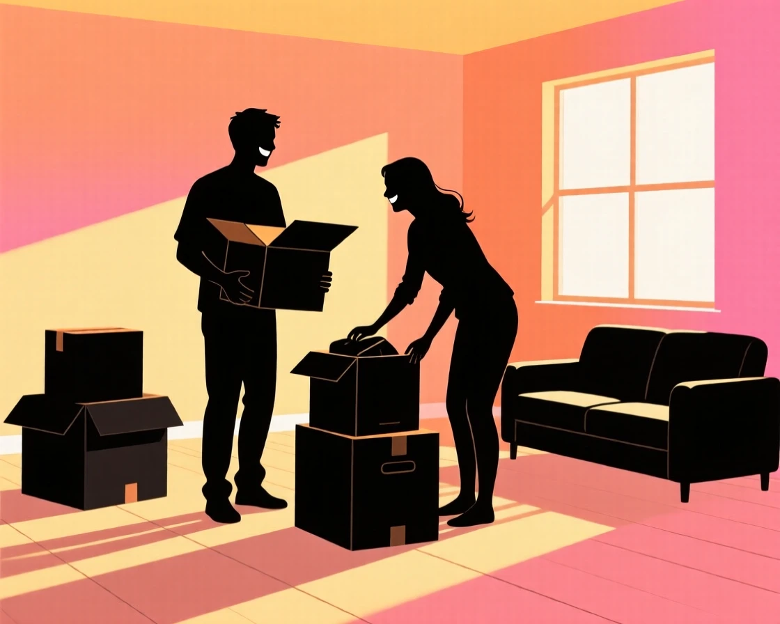 A couple unpacking moving boxes in an empty living room, both smiling.