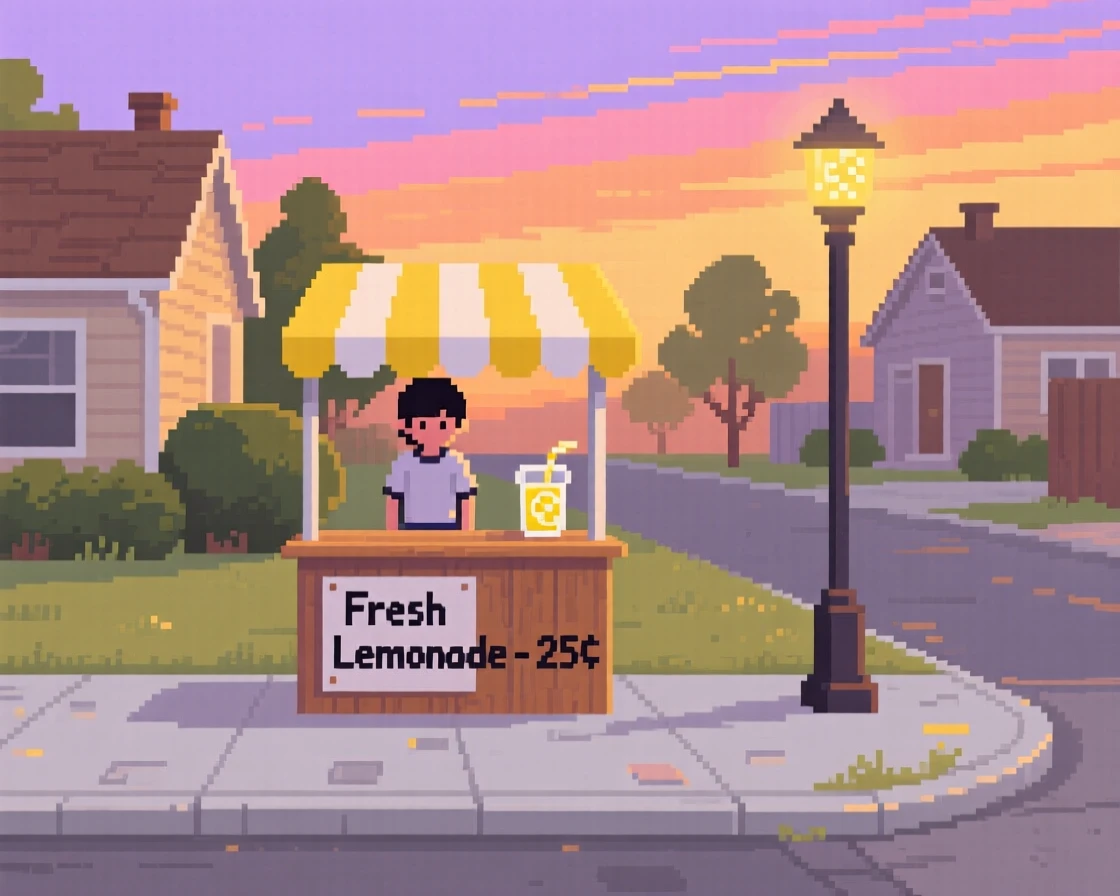 A lemonade stand on a sunny sidewalk under a sky streaked with the colors of dusk, on a quiet suburban street in the 1980s.