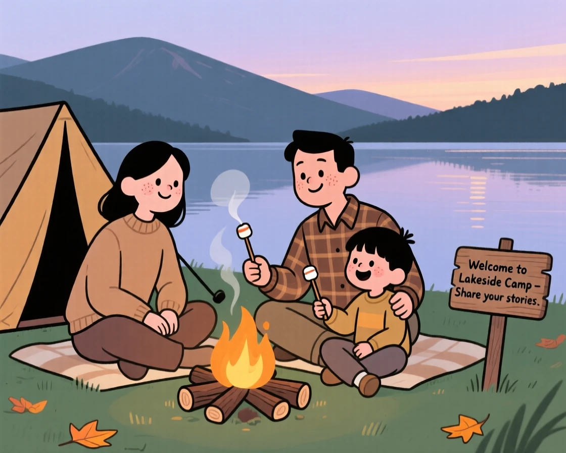 A family sets up camp beside a quiet lake as the last light of day fades behind the mountain ridge, sharing stories around a small fire.