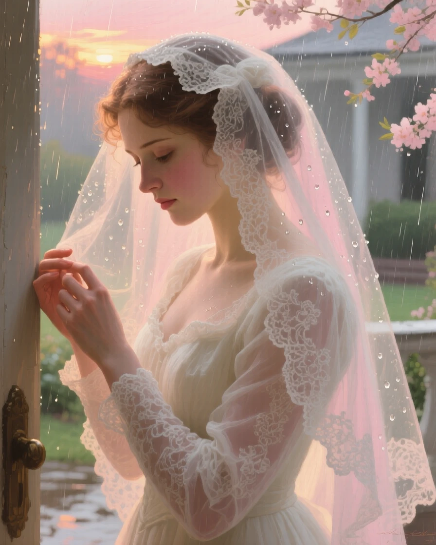 A close-up portrait of a bride adjusting her veil before stepping outside, during a gentle spring shower, in the last light of sunset.