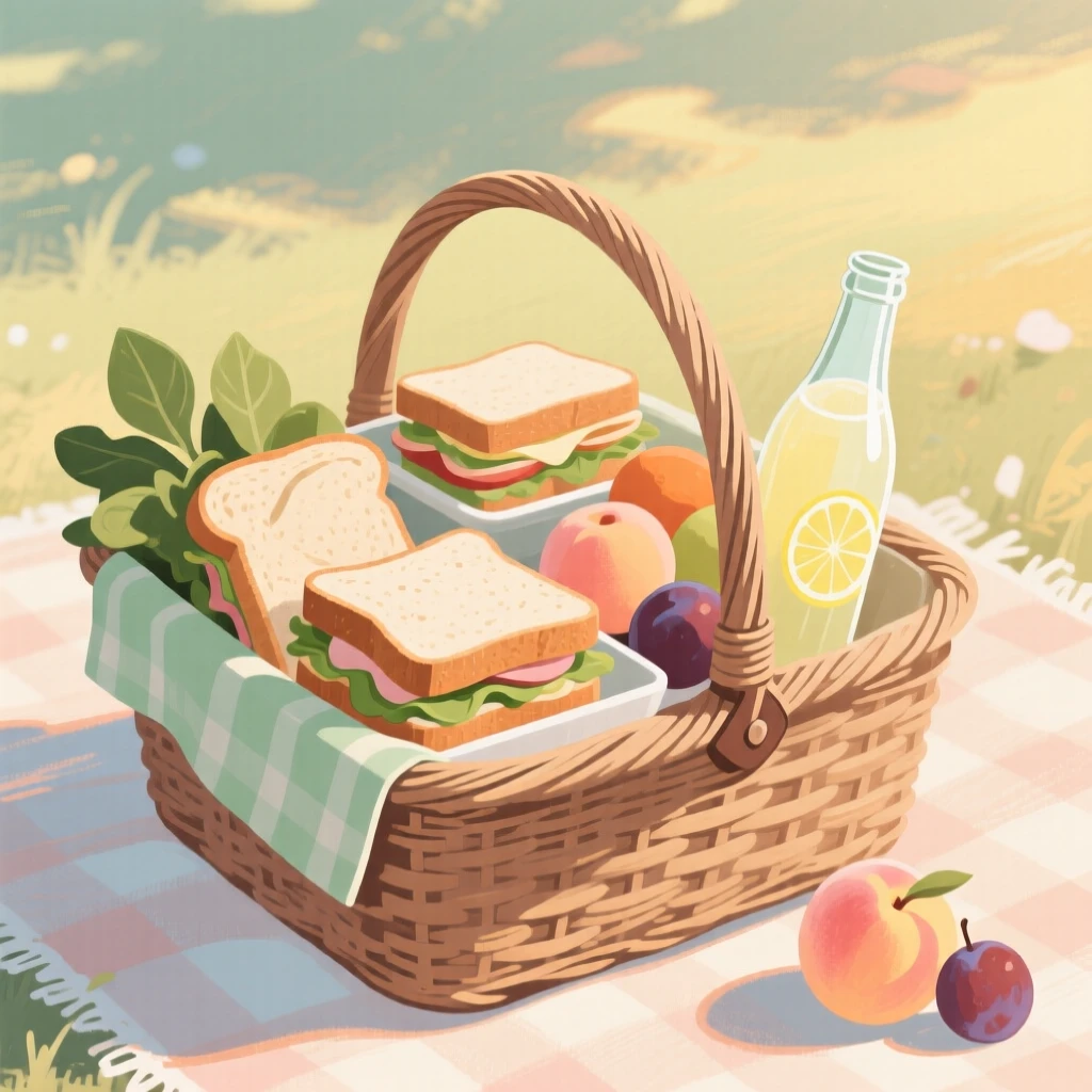 A picnic basket packed with sandwiches, fruit, and lemonade