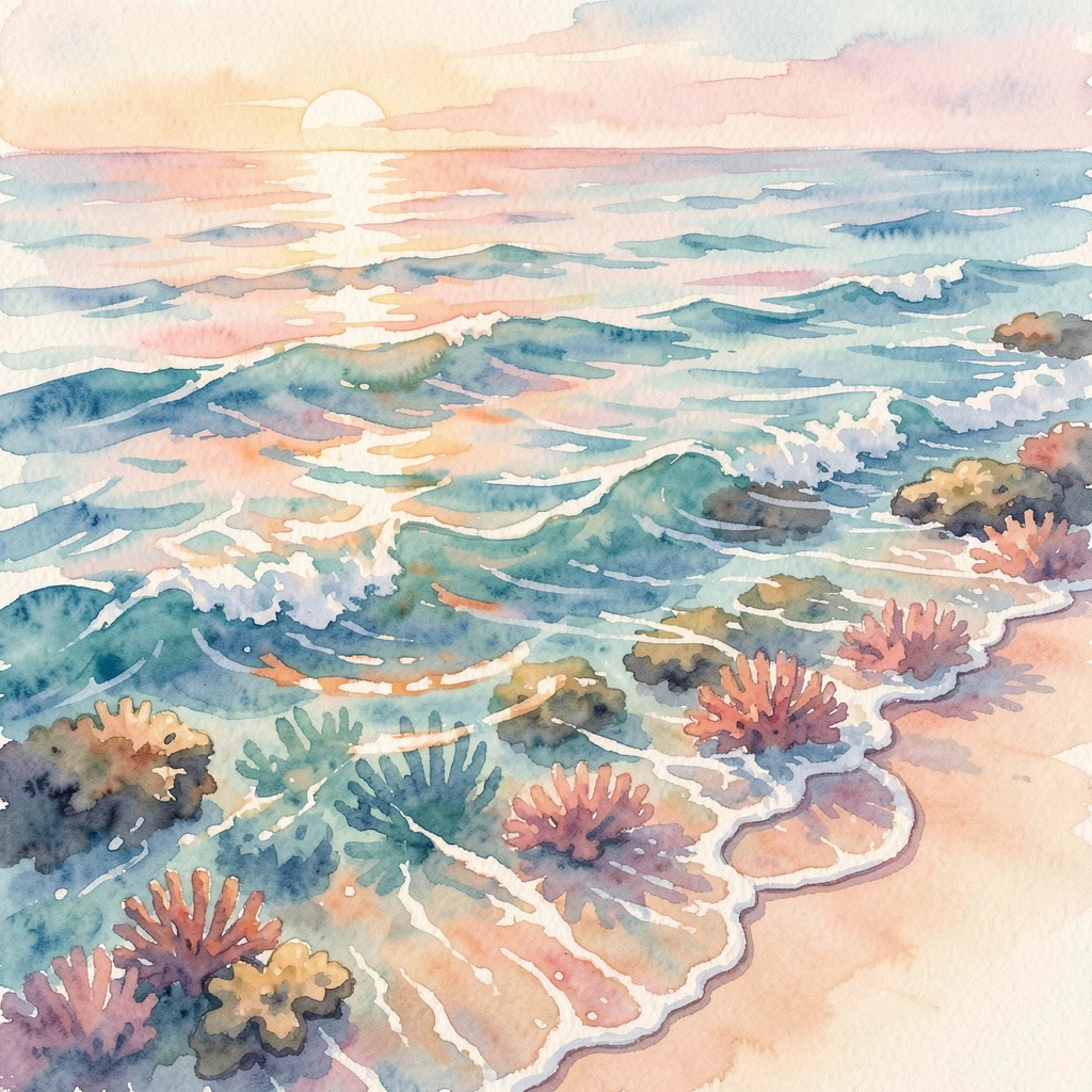 A coral reef seen from above the water during a soft sunrise with gentle waves lapping the shore.