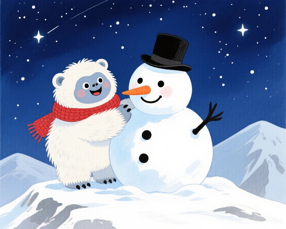 A chubby baby yeti builds a snowman twice its own size on a snowy mountaintop under starlight