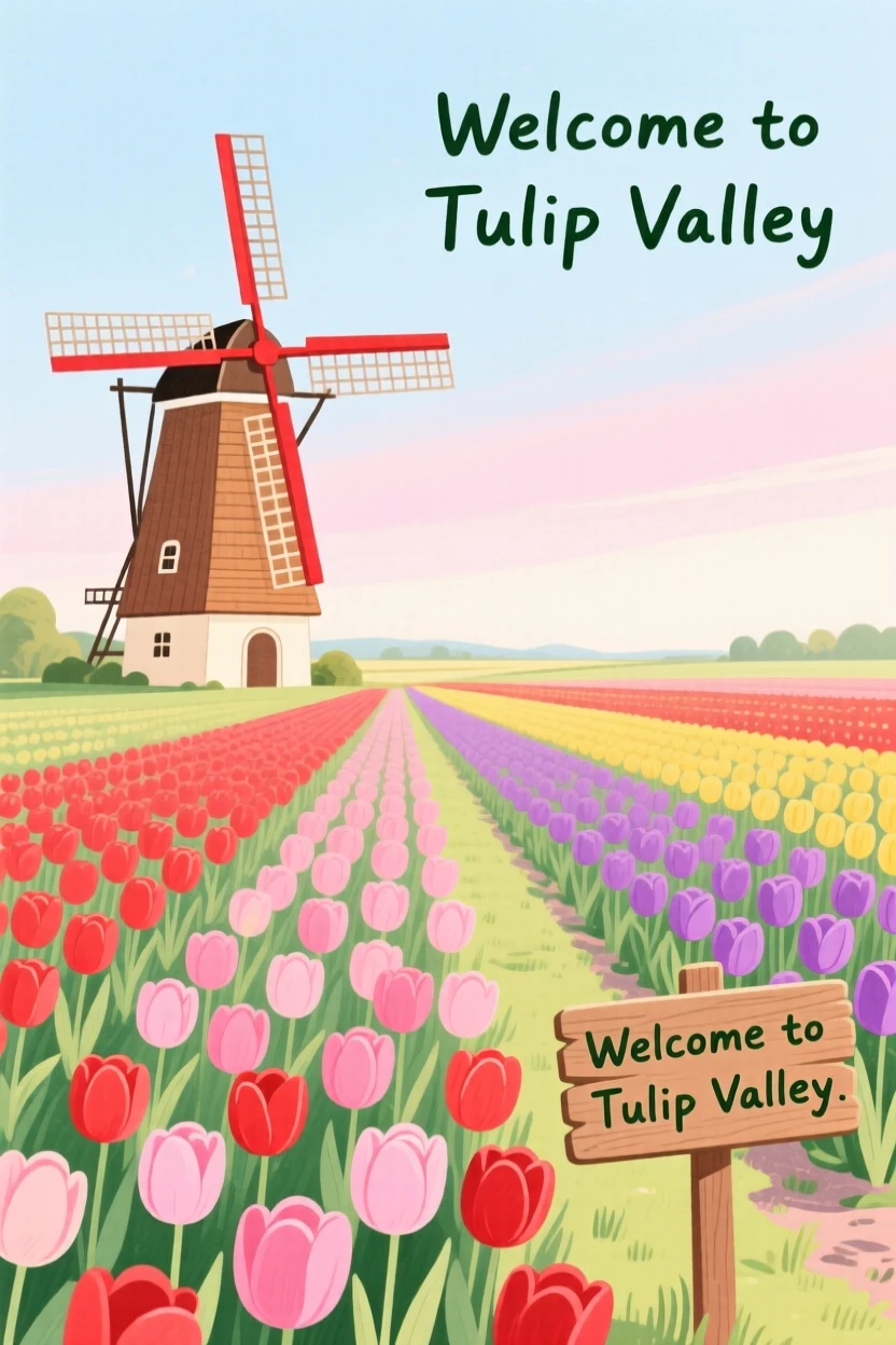 A peaceful view of a windmill overlooking a tulip field.