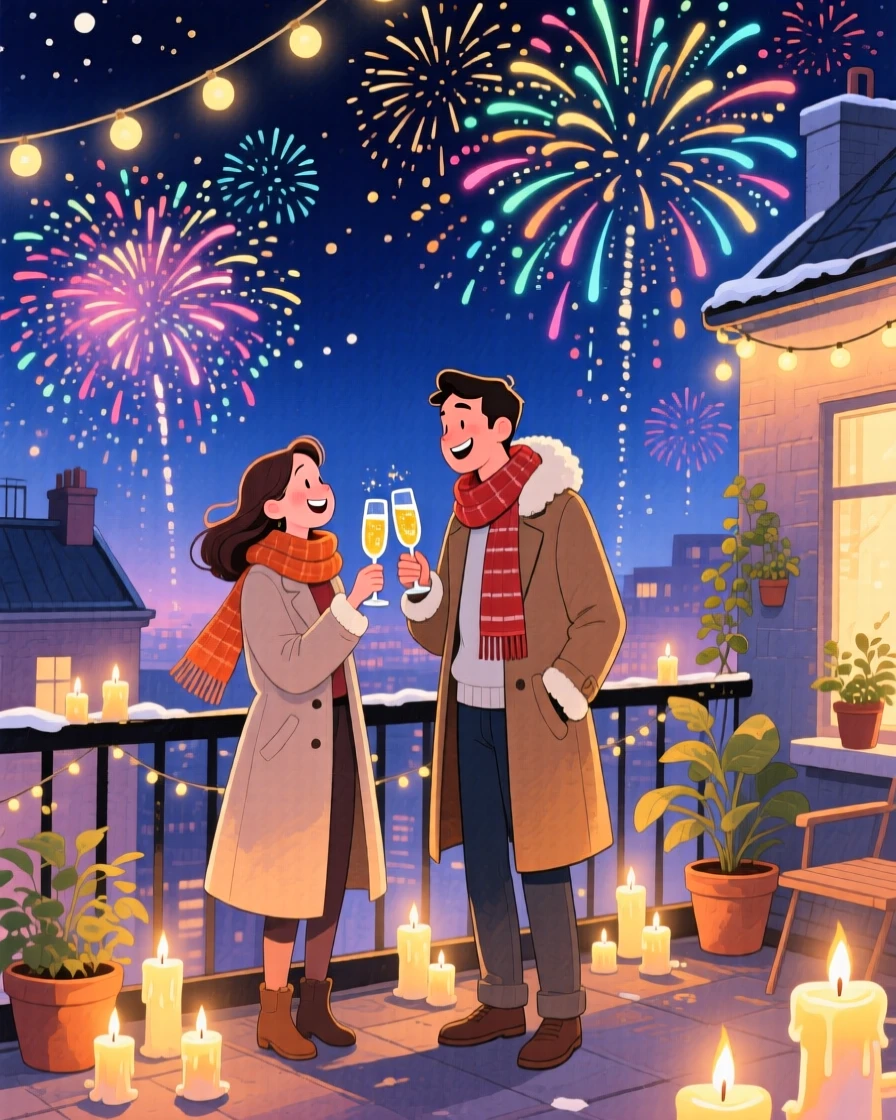 A couple toasting champagne at midnight on New Year's Eve, in a rooftop lit by fireworks against the night sky, with the golden glow of candlelight flickering softly, evoking hopeful excitement for a new beginning.