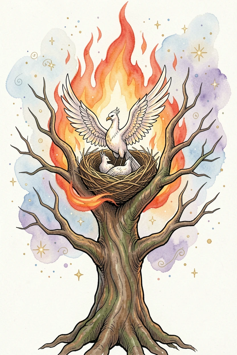 A phoenix nest cradled in the branches of a burning yet unconsumed tree, stars or glowing motes drifting gently through the air.