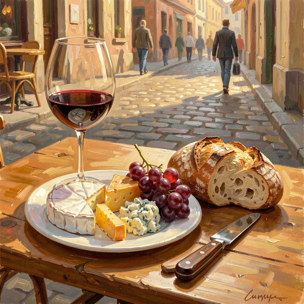 A wine glass beside a plate of cheese and grapes, a knife resting beside a freshly cut loaf, at an outdoor cafe table overlooking a cobblestone street, at golden hour, light spilling across the table.