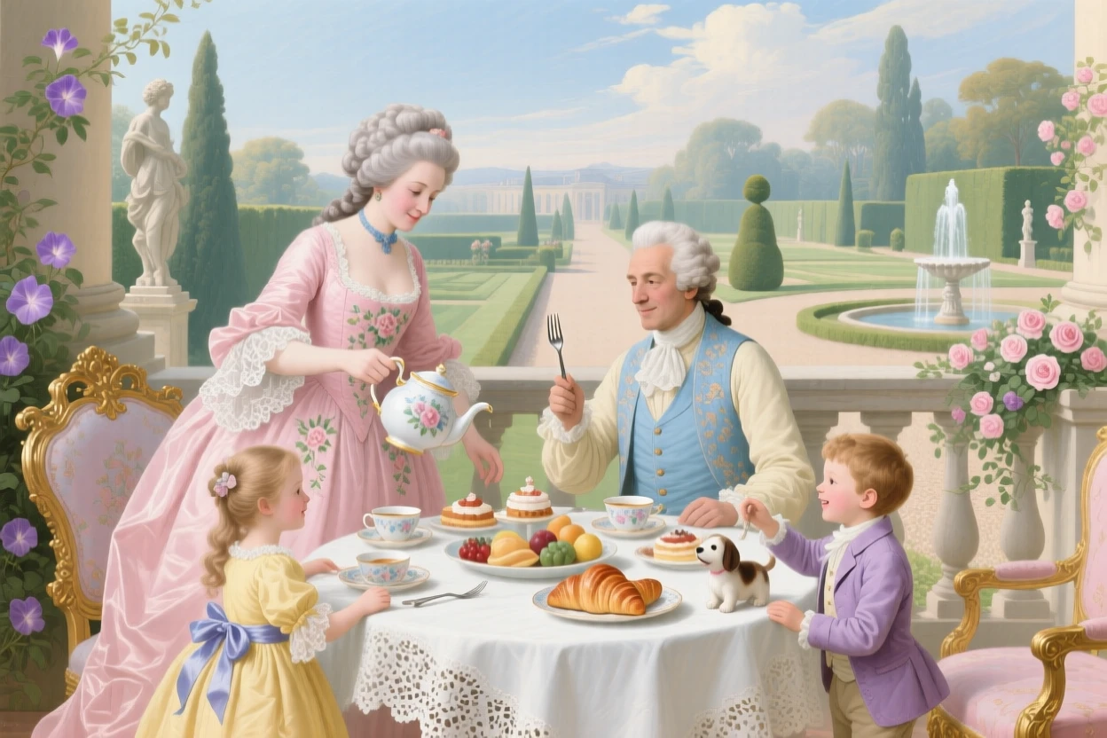 A noble family at breakfast beside a balcony overlooking formal gardens  