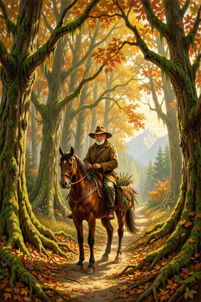 An old herbalist rides along a path in an ancient moss-covered forest beneath a canopy glowing gold in autumn.