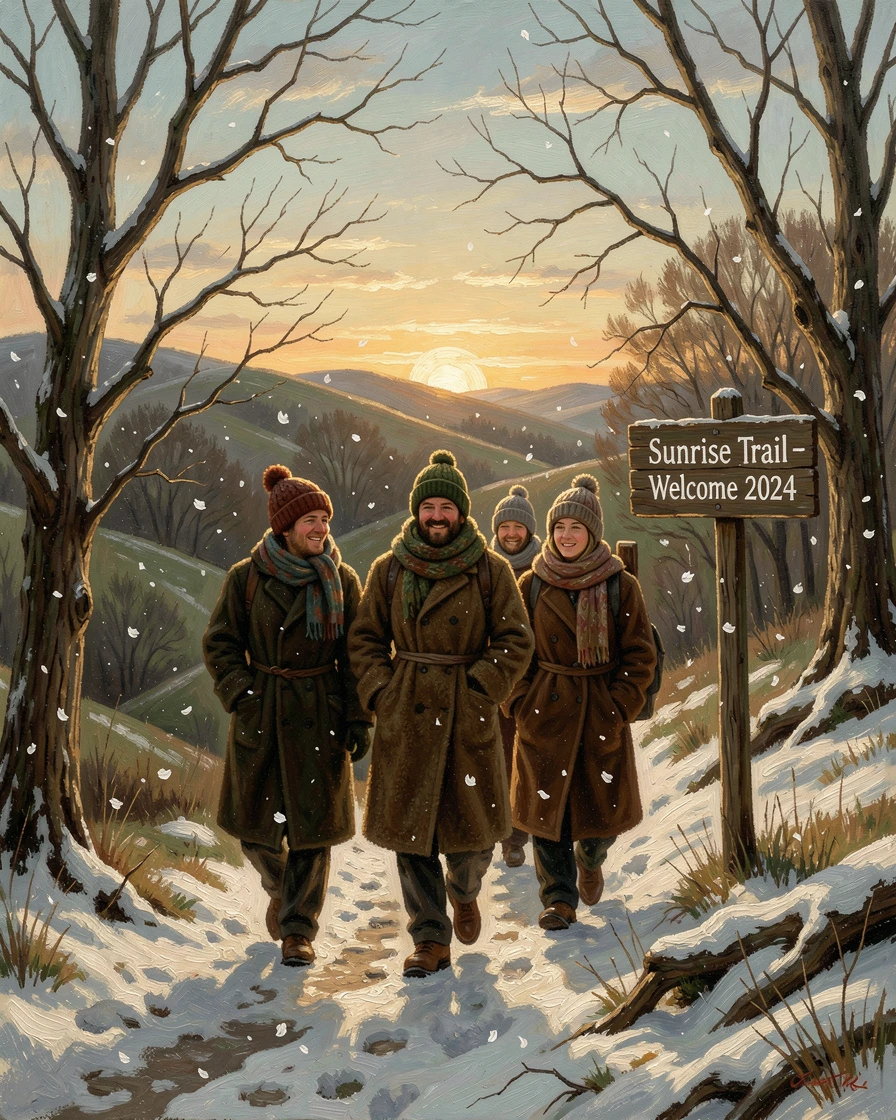 A New Year's Day sunrise hike with friends bundled in warm coats, as soft snow or flower petals drift gently through the air, offering a joyful, memorable seasonal scene for any collection