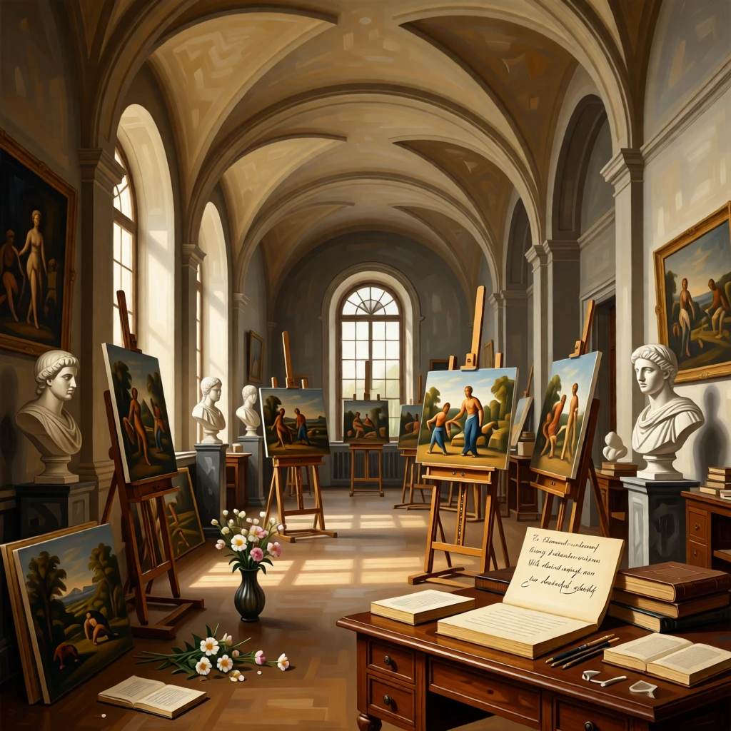 An artist's grand studio filled with half-finished canvases and marble busts catching the first light of morning through tall windows, set inside a grand academy of art and learning, with fresh flowers, open books, and half-finished correspondence scattered about; symmetry and repetition of arches create a sense of timeless order, radiating history, refinement, and permanence.