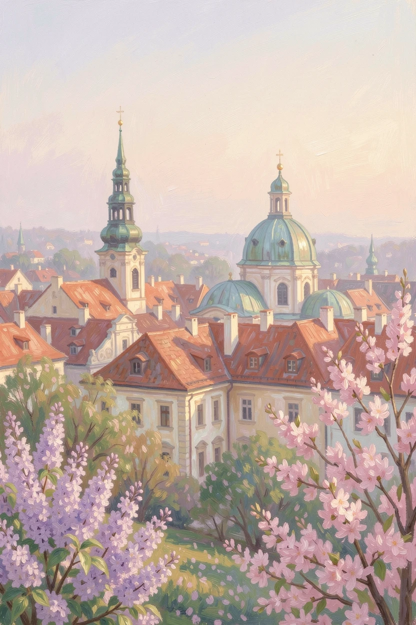 The colorful rooftops and church domes of Prague seen from a hillside garden in spring bloom, in the gentle hush of early morning.