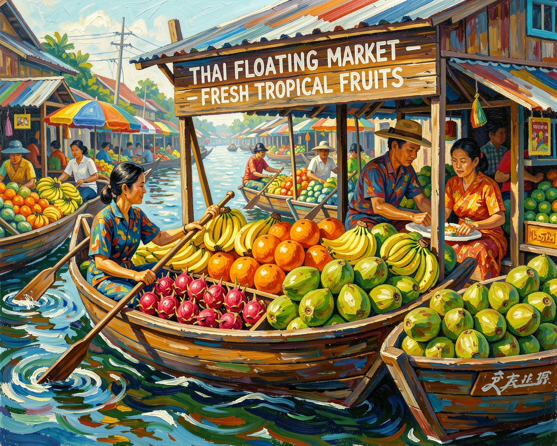A vibrant floating market in Thailand with boats piled high with tropical fruit.