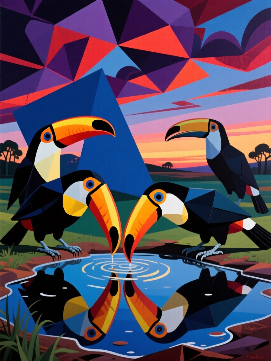 A striking view of a toucan gathering near a watering hole at dusk beneath a dramatic sky.