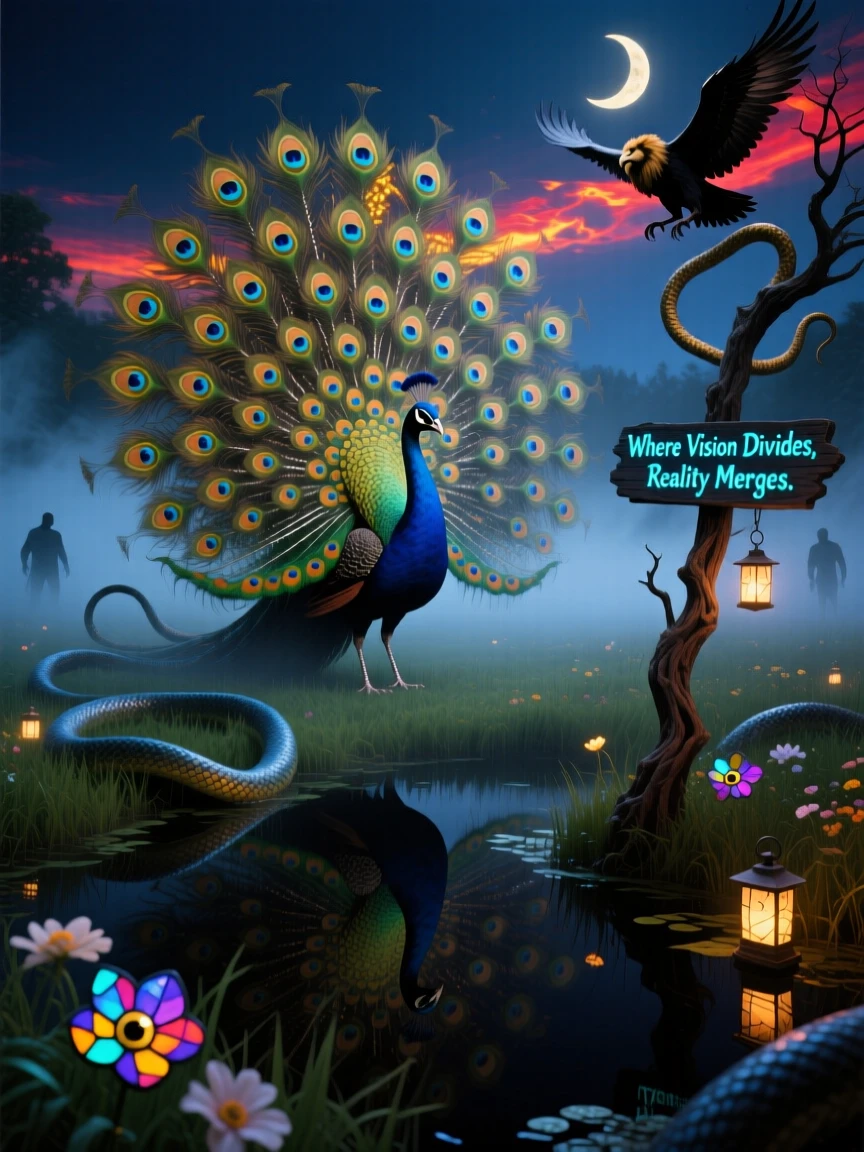 A peacock whose tail feathers open into a field of eyes moves silently through a fog-covered meadow, while its reflection shows a completely different creature.