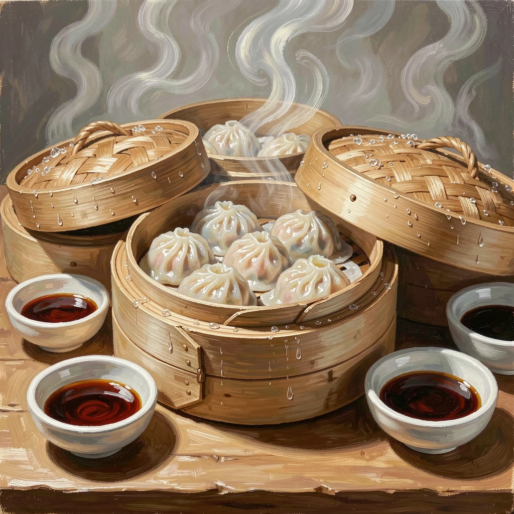 A traditional dim sum spread shows bamboo steamers filled with dumplings, their delicate wrappers glistening beneath rising steam, steam or condensation visible in small details that suggest the dish was just prepared.