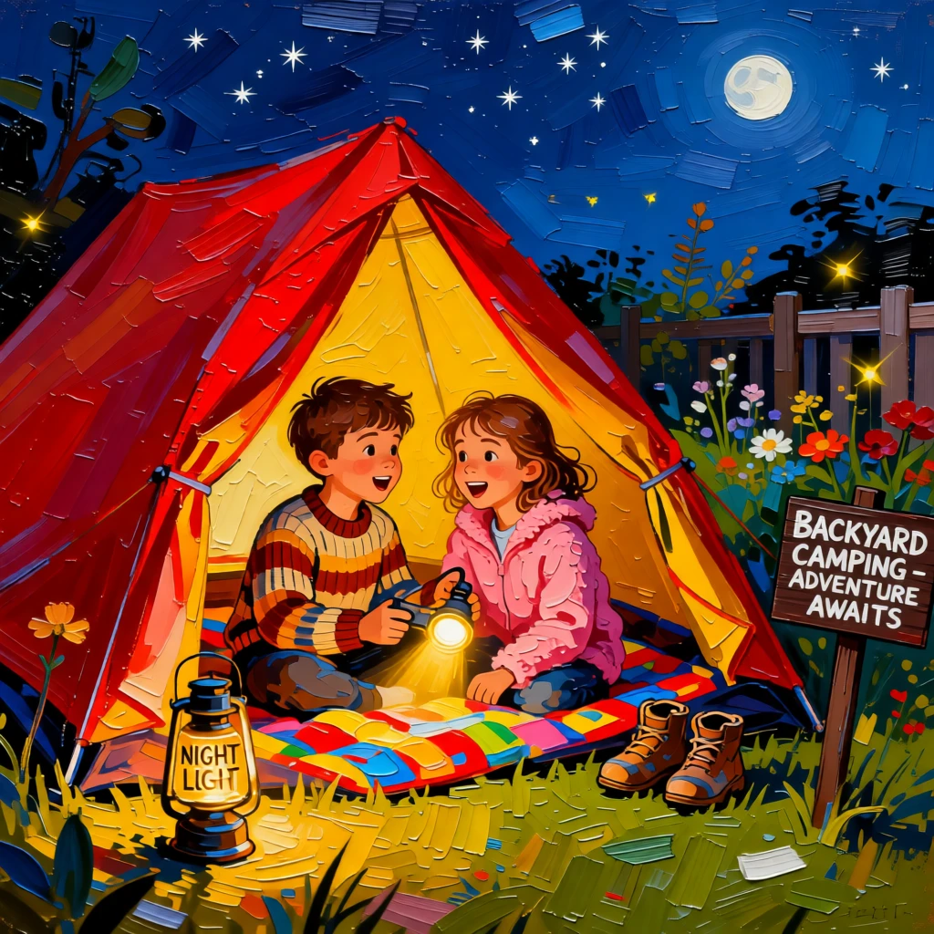 Siblings sharing a tent and flashlight stories during a backyard camping night