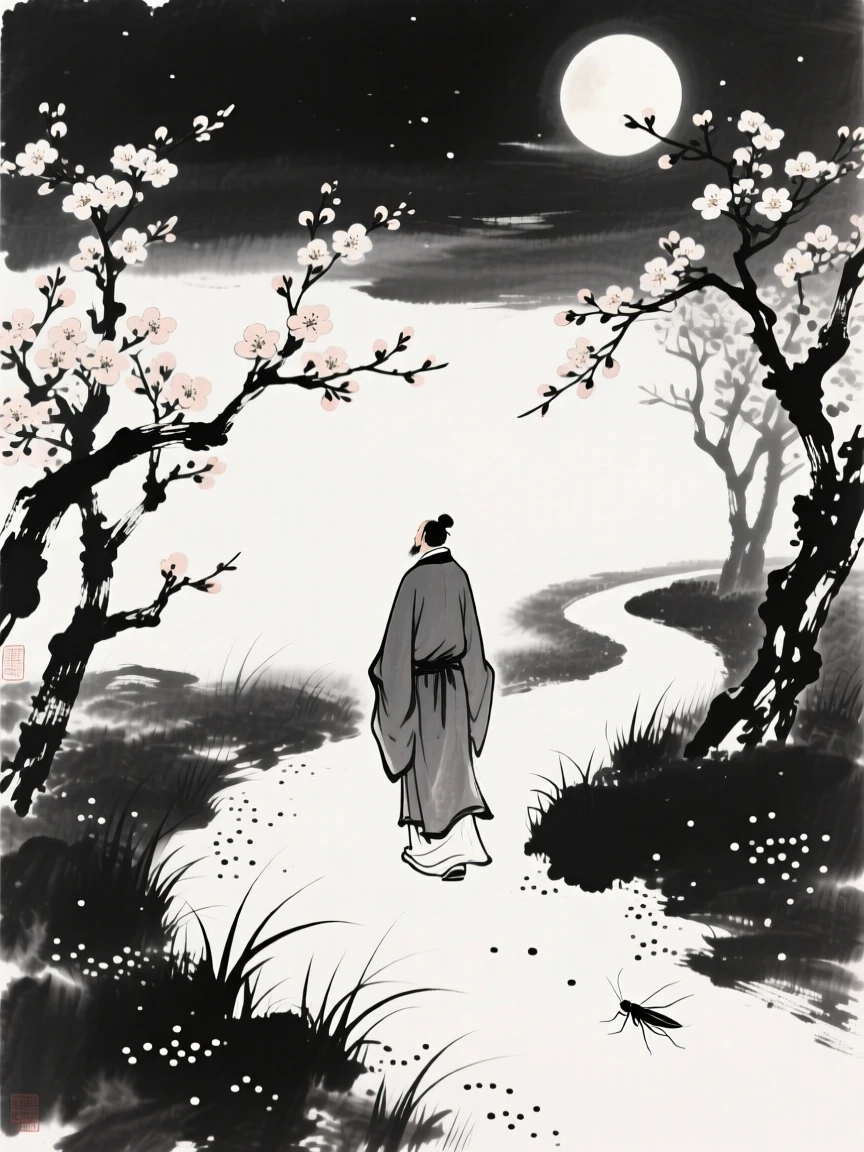 A lone figure walks along a moonlit garden path beneath blossoming trees, as crickets sing softly from the surrounding grass.