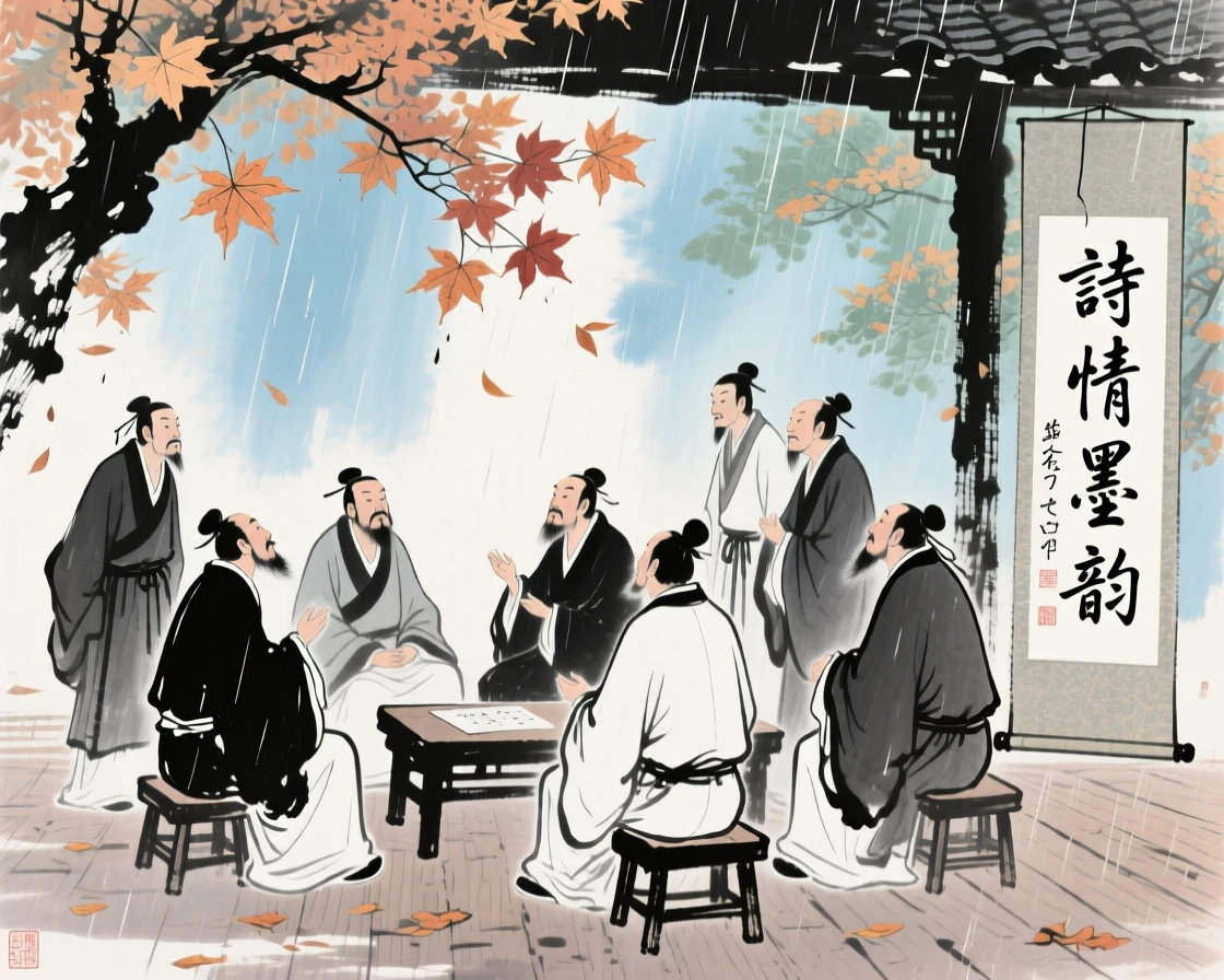 A group of scholars debating poetry beneath a canopy of maple leaves, as summer rain begins to fall.