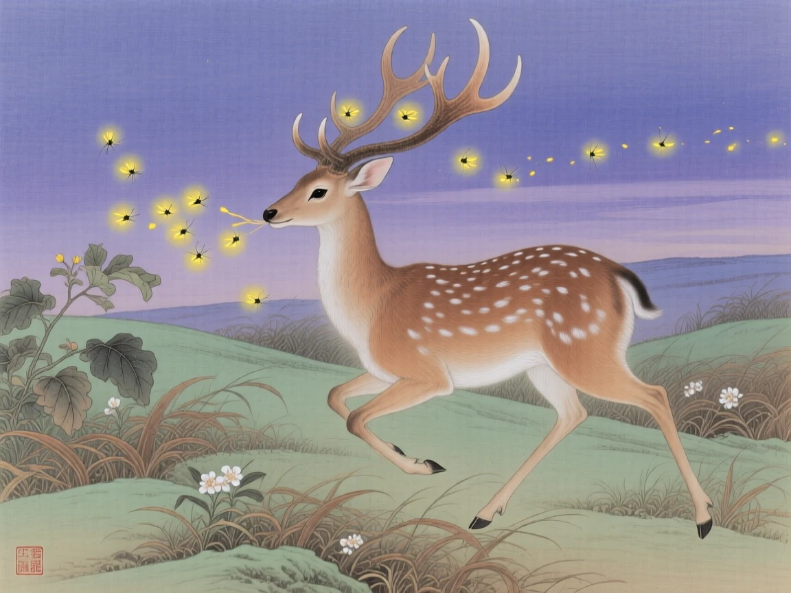 A deer with velvet antlers chasing fireflies at twilight