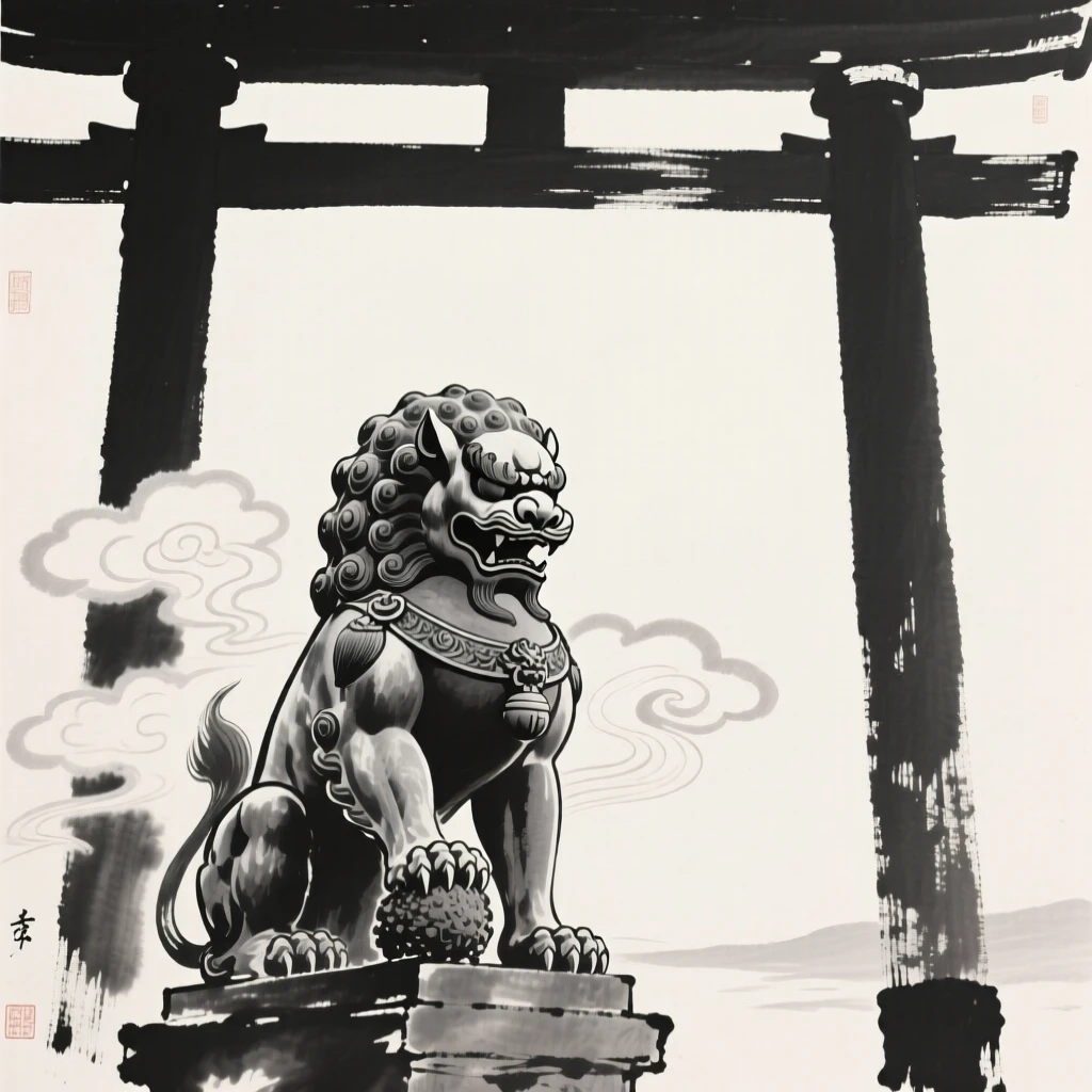 A guardian lion statue watching over a temple gate within a swirl of luminous cloud, framed to emphasize scale against a vast open sky, evoking wonder, myth, and quiet reverence.