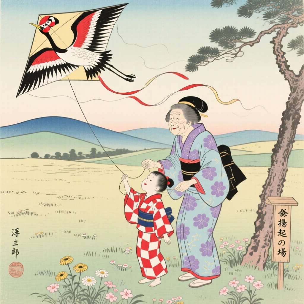 A grandmother and grandchild flying a kite together in an open field.