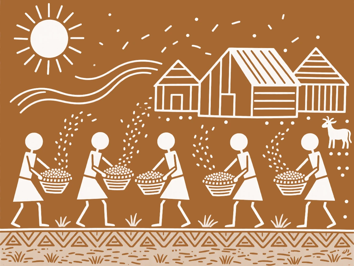 A group of farmers separating grain from chaff in the afternoon breeze.