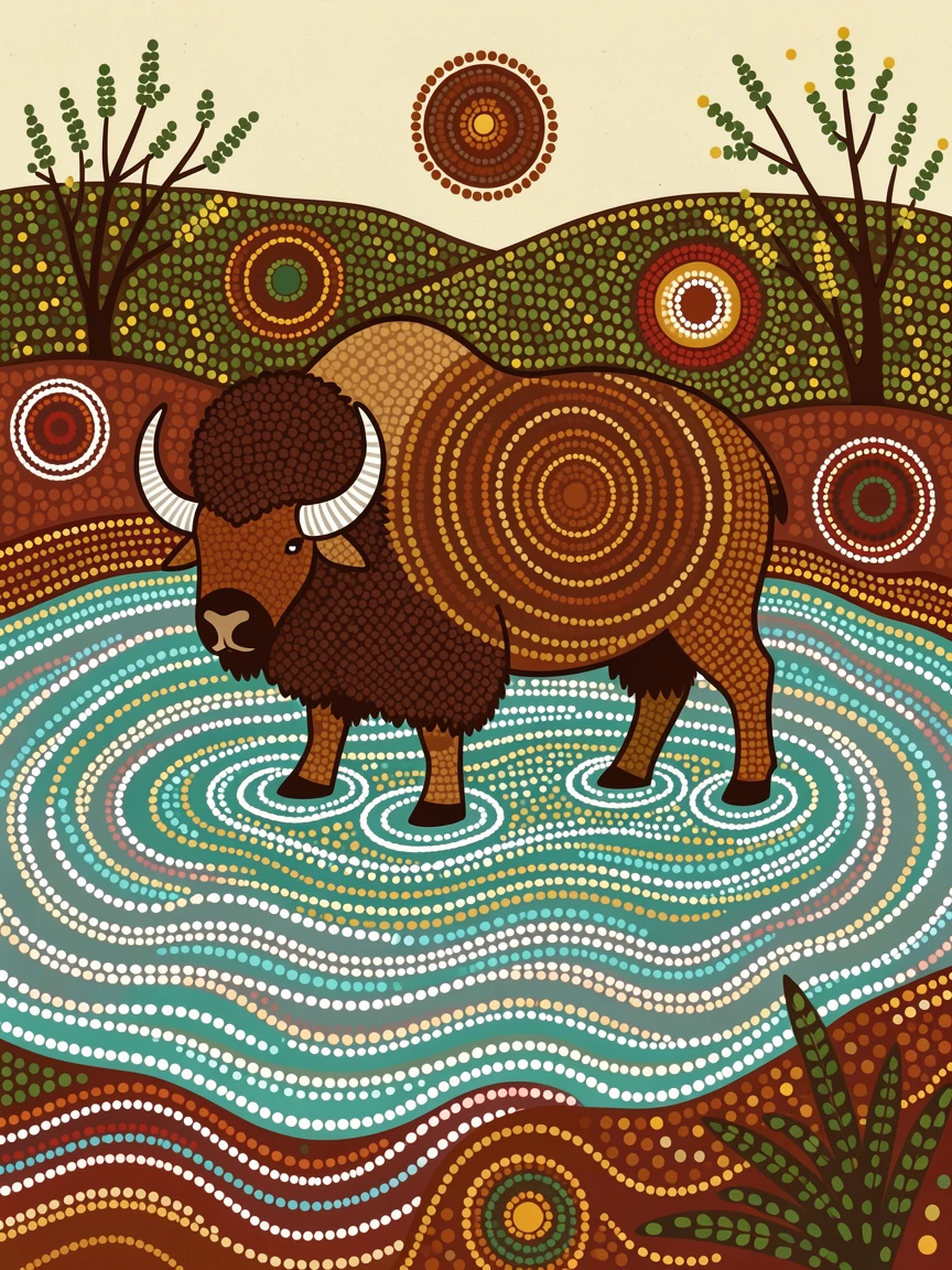 A musk ox bathing in a shallow river